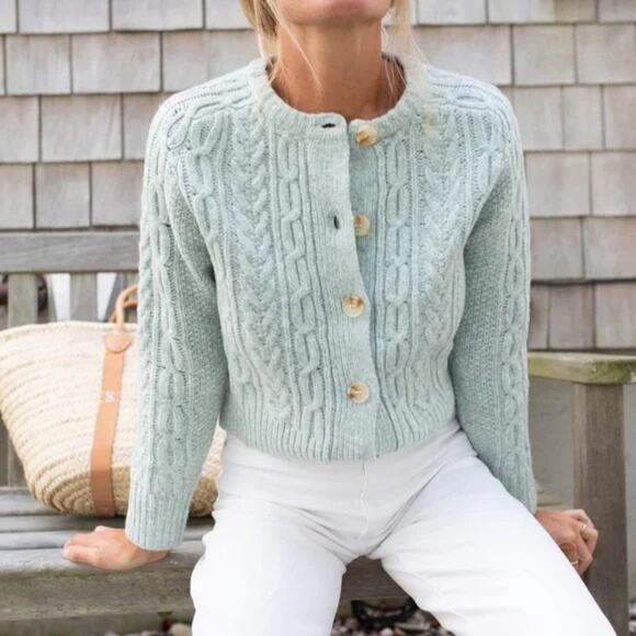 Marea Sweaters - Marea Classic Cable-Knit Button Front Crew Neck Cardigan Sweater Mint Green M